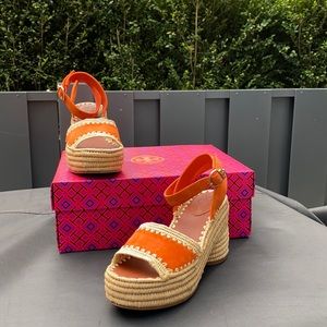 Tory Burch Woven Raffia Platform Sandal Orange 6